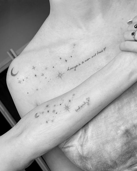 Do you remember the reaction video I posted last year featuring the constellation tattoo? I engraved it alongside my client's mum's handwriting onto her collarbone It was heartwarming when her mum came to me for her first tattoo, wanting to match her daughter's She got the same constellation tattoo with "endlessly" written in her daughter's handwriting 🥹 "Love you to the moon and back, endlessly" – such an endearing pair of tattoos While writing this caption in advance, I revisited the mo... Awake My Soul Tattoo, Love You To The Moon And Back Tattoos, Tattoo Mum And Daughter, Love You To The Moon And Back, I Love You To The Moon And Back Tattoo, Mum And Daughter Tattoo, The Moon And Back Tattoo, Moon And Back Tattoo, To The Moon And Back Tattoo