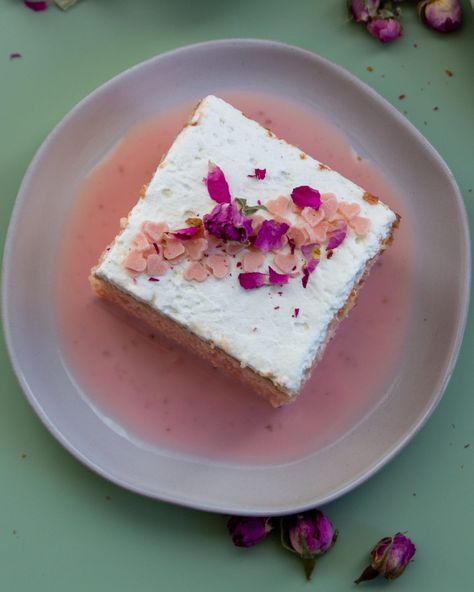 Rose Milk Tres Leches Cake | Signature Concoctions Rose Milk Tres Leches Cake, Rose Tres Leches Cake, Peach Tres Leches Cake, Mexican Tres Leches Cake, Dessert Flavors, Leches Cake, Rose Flavored, Rose Milk, Indian Dessert