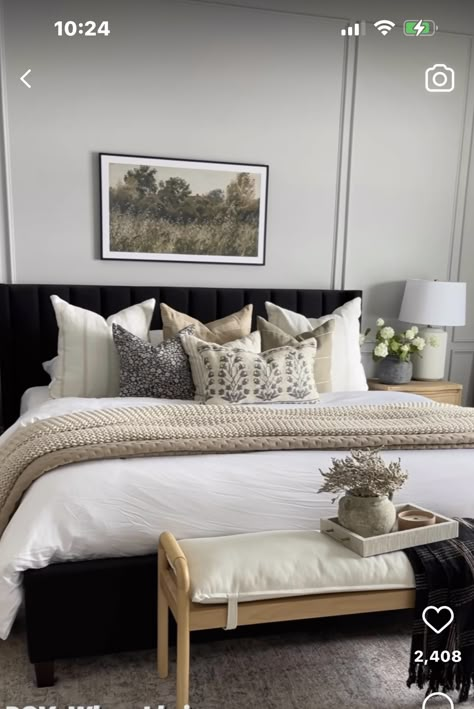 Black Headboard Bedroom, Black White And Grey Bedroom, Grey Headboard Bedroom, Black Bedroom Decor, Black Bed Frame, Black Bedroom Furniture, Black Headboard, Beige Bedroom, Pillow Decor