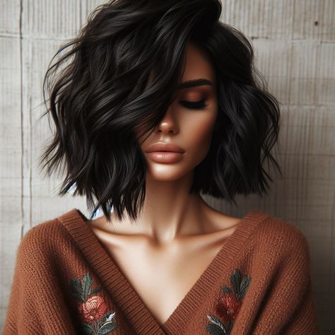 Wavy Bob Aesthetic, Lobob Hairstyle Women, Bob Dark Hair With Highlights, Shoulder Length Dark Hair With Bangs, Bob With Curly Hair, Medium Bob Hairstyles With Layers, Mob Wife Haircut, Short Dark Brown Hair With Bangs, Shoulder Length Hair With Bangs And Layers