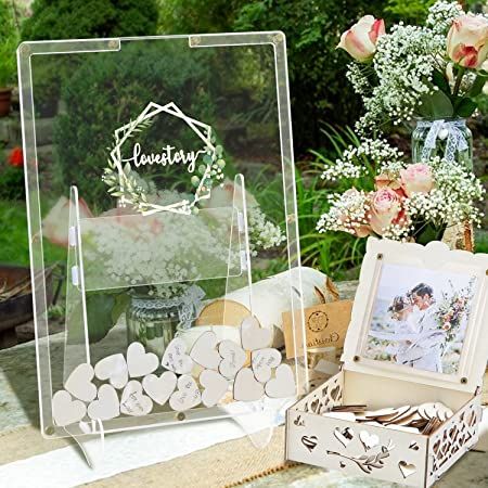 Wedding Clear Board with Wooden Hearts for Guest to Sign or Leave a Message; Alternative to a wedding guest book Wedding Signs For Ceremony, Acrylic Guest Book, Guest Book Frame Wedding, Heart Wedding Decorations, Reception Gifts, Drop Box Guest Book, Rural Wedding, Wedding Mirror, Guest Book Wedding