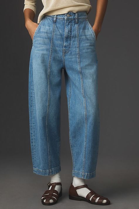 100% cotton Side slant pockets Back patch pockets Front zip Machine wash USA | Sol High-Rise Barrel Jeans by Self Contrast in Blue, Women's, Size: 27, Cotton at Anthropologie Casual Cool Street Style, Rise Jeans Outfit, High Summer Fashion, Resort 2025 Fashion Trends, Denim Pants Outfits For Women, Blue Jean Outfit Women, Stylish Casual Outfits Women, Wide Leg Jeans Plus Size, Baggy Jeans Outfit