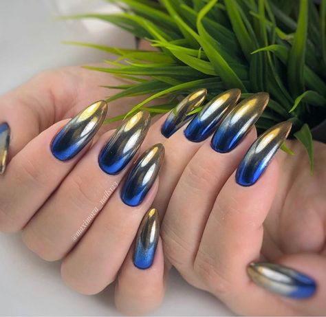 Blue And Gold Chrome Nails, Blue Golden Nails, Hombre Nail Designs, Nail Chrome, Basic Nail, Metal Nails, Blue Chrome Nails, Gold Chrome Nails, Art Nail Designs