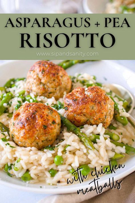 A bowl of asparagus, peas and rice topped with chicken meatballs. Risotto And Meatballs, Risotto Chicken, Risotto With Chicken, Chicken Meatballs Recipe, Vegetable Risotto, Creamy Risotto, Spring Veggies, Chicken Meatball Recipes, Cooking For A Crowd