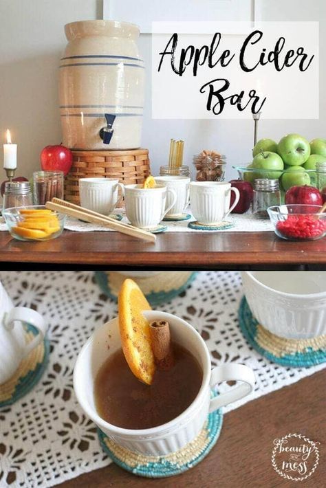 Apple Cider Station, Apple Cider Bar, Diy Apple Cider, Cider Bar, Diy Apple, Fall Parties, Modern Fall Decor, Hot Cider, Hot Apple Cider