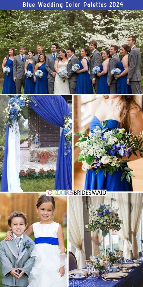 Royal blue wedding color palettes inspirations for 2024: royal blue bridesmaid dresses, white bridal gown, white and royal blue wedding bouquets, grey suits and royal blue ties for groom and groomsmen, ceremony arch backdrop in royal blue and white, white flower girl dress with royal blue belt, royal blue and silver table cloth, royal blue, white and greenery centerpieces. #weddingcolors #weddingideas #blueweddings #2024weddings #colsbm #2024 #bridesmaiddresses #royalbluewedding #royalblue