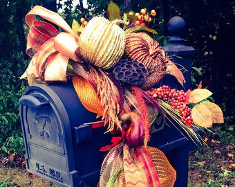 Fall mailbox wreath Fall Mailbox Decorations, Fall Mailbox Decorating Ideas, Fall Mailbox Decor, Mailbox Swags, Mailbox Numbers Vinyl, Fall Mailbox, Mailbox Stickers, Mailbox Wraps, Mailbox Flag