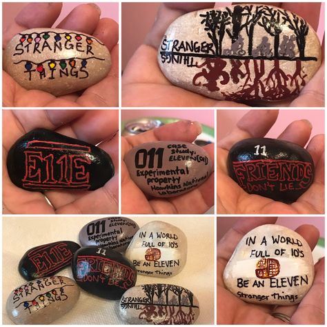 Stranger Things Birthday Gift Ideas, Rock Painting Ideas Stranger Things, Stranger Things Rock Painting, Diy Stranger Things Crafts, Stranger Things Painted Rocks, Painting Ideas Stranger Things, Stranger Things Craft Ideas, Stranger Things Room Aesthetic, Stranger Things Crafts Diy