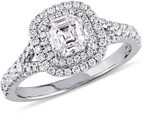 1-1/5 CT. T.W. Asscher-Cut Diamond Double Frame Engagement Ring in 14K White Gold (H/SI1) #affiliatelink Double Halo Split Shank Engagement Ring, Gold Double Halo Engagement Ring, Double Halo Engagement Ring, Double Halo Engagement, Asscher Diamond, Double Frame, Asscher Cut Diamond, Double Halo, Asscher Cut