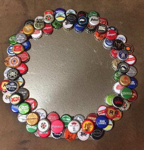 Beer bottle cap framed mirror Bottle Cap Mirror, Bottle Top Crafts, Build Projects, Beer Cap, Beer Bottle Cap, Beer Caps, Metal Bottles, Cap Designs, Bottle Top