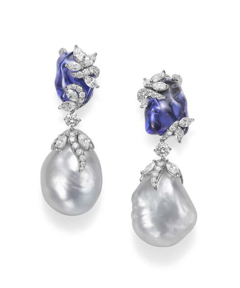 Mikimoto Hyacinthia earrings with baroque South Sea cultured pearls, tanzanite and diamonds. Luxury Fine Jewelry Pearl Earrings, Luxury Fine Jewelry Pearl Pendant Earrings, Luxury Pearl Earrings With Gemstone, Exquisite Luxury Hallmarked Pearl Earrings, Blue Gemstone Luxury Pearl Earrings, Mikimoto Pearls, Tanzanite Jewelry, Baroque Pearls, Cultured Pearls