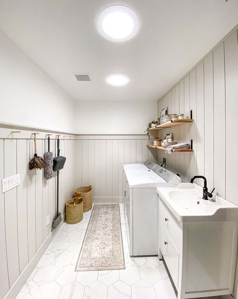 Sun Tunnels, Sun Tunnel, Narrow Laundry Room, Laundry Room Paint, White Laundry Rooms, Velux Skylights, Grey Floor Tiles, Basement Laundry Room, Basement Laundry