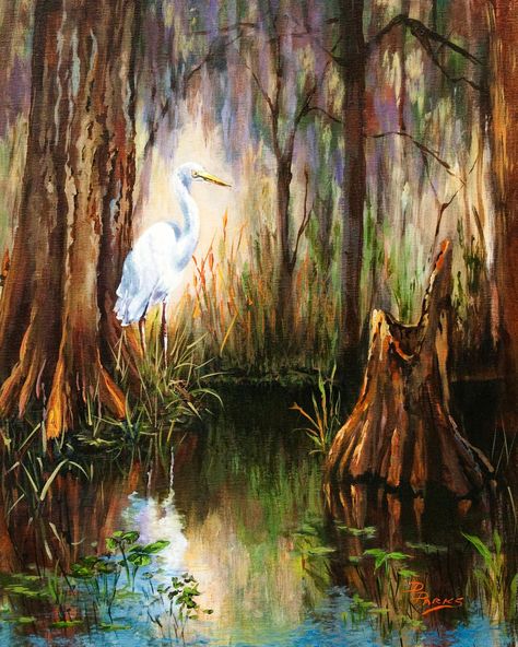 Louisiana Swamp with Heron Egret in the Bayou Moody Swamp | Etsy Swamp Art, Louisiana Swamp, Louisiana Bayou, New Orleans Jazz, Louisiana Art, New Orleans Art, Wildlife Paintings, Wild Creatures, Cypress Trees