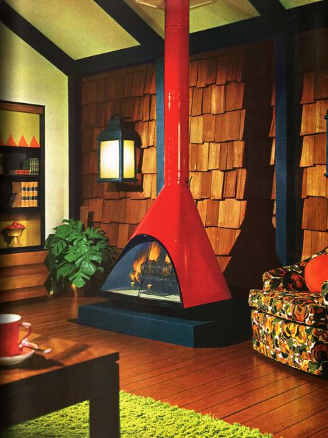 Caption reads: Increase the warmth and intimacy of a room with the addition of walnut-stained shakes applied to walls from the bottom up. Retro Rooms, 70s Interior, 1970s Decor, Vintage Fireplace, 1970s Home, Mod Decor, Joe Colombo, 70s Home, 70s Decor