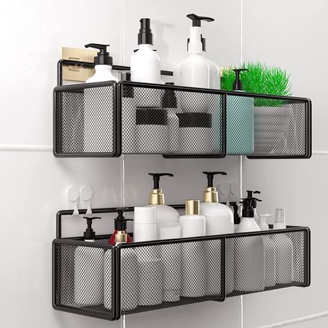 Black Wall Shelves, Bathroom Corner Shelf, Bathroom Shelf Organization, Wall Mounted Bathroom Storage, Toilet Shelves, Kitchen Basket Storage, Matte Black Bathroom, Shower Storage, Bathroom Storage Racks