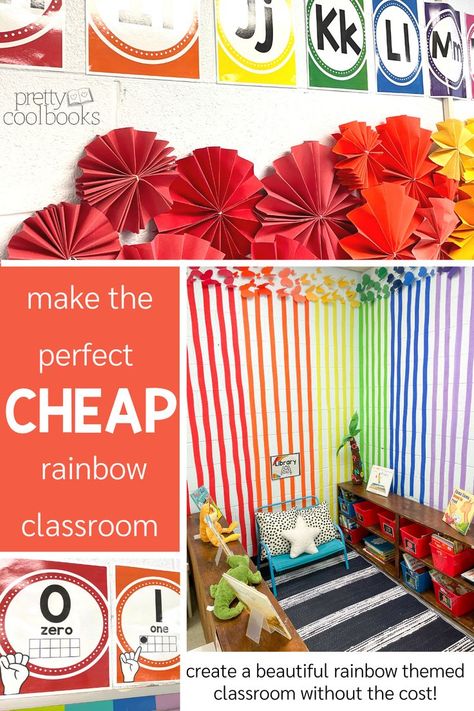 photos of primary colors paper fans, classroom decor and streamers Rainbow Color Classroom Theme, Primary Colors Classroom Theme, Rainbow Kindergarten Classroom, Primary Color Classroom Theme, Classroom For Kindergarten, Rainbow Kindergarten, Rainbow Theme Classroom, Preschool Classroom Themes, Rainbow Library