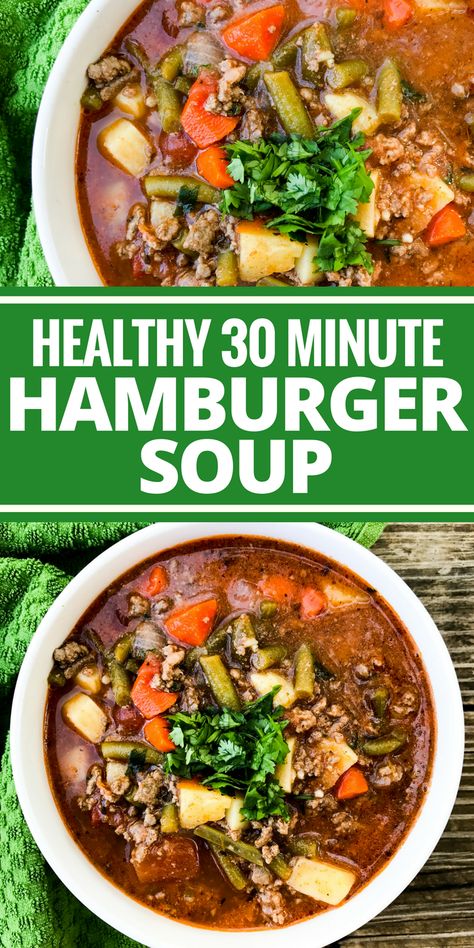 Healthy 30 Minute Hamburger Soup by The Whole Cook 30 Day Metabolic Comeback Challenge Recipes, Clean Eating Hamburger Meat Recipes, Low Calorie Hamburger Soup, Healthy Hamburger, Exercise Coach, Clean Eating Soup, Food Dinners, Paleo Soup, Hamburger Soup