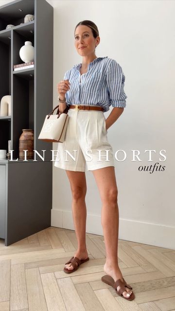 Sarah & Philippa on Instagram: "Linen shorts outfit inspo 🤍 Direct links over on stories/saved under 'reels links' 🫶🏼" Tailored Shorts Outfit, Linen Shirt Outfit Women, Linen Shorts Outfit, Linen Shirt Outfit, Outfits With Striped Shirts, White Shorts Outfit, Shirt Outfit Summer, Blue Shirt Women, Polished Casual