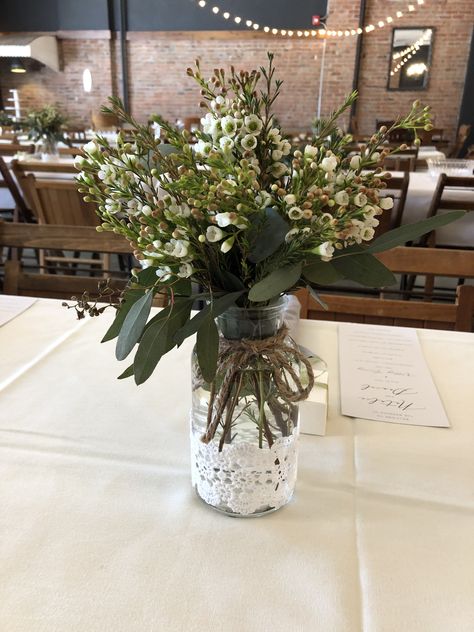 White flowers, wedding centerpiece, wax flower White Wax Flower Bouquet, White Waxflower, Wax Flower White, Small Glass Square With White Flowers For Centerpieces, White Floral Runner Centerpiece, Wax Flowers, Flower Centerpieces Wedding, Flower Centerpieces, Wedding Centerpieces