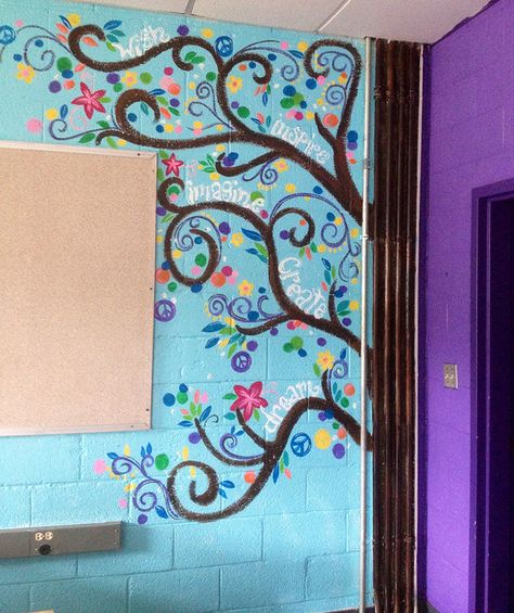 Teachers Who Totally Conquered Their Cement Classroom Walls - If only I was allowed to paint my walls! All the other ideas are great here too! WeAreTeachers Classroom Murals, Classroom Walls Paint, School Restroom, Classroom Tree, Bathroom Mural, Walls Ideas, Cinder Block Walls, School Bathroom, Classroom Wall Decor