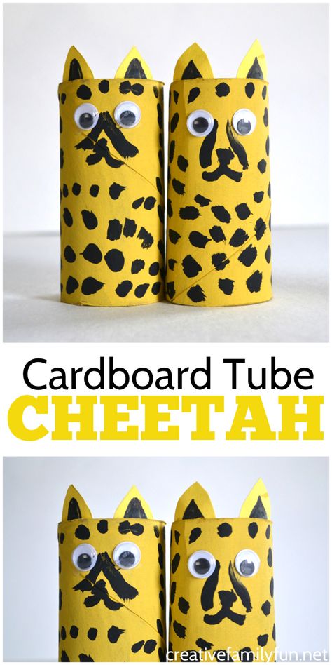 Use recycled materials to make this cardboard tube cheetah craft. It's such a fun kids craft and it makes a fun toy when you're done. Cheetah Craft, Cheetah Crafts, Leopard Craft, Cardboard Tube Crafts, Farm Animal Crafts, Toilet Paper Crafts, Toilet Paper Roll Crafts, Animal Crafts For Kids, Paper Roll Crafts