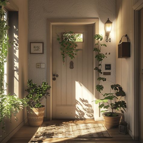 a modern cottage hallway with a welcoming threshold, featuring a charming mat, potted plants, and a porch light, inviting and cozy3 Cottage Hallways, Inside Porch Ideas Entrance, Cottagecore Hallway, Cottage Hallway Ideas, Cottagecore Entryway, Cottage Entryway Ideas, Entryway Cottage, English Cottage Style Interior, Entryway Bench Modern