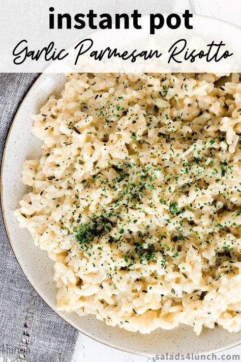 Instant Pot Creamy Garlic Parmesan Risotto is a creamy and flavourful side dish made with arborio rice, parmesan cheese, and garlic! It is so simple to prepare yet turns out like a gourmet dish! #salads4lunch #parmesanrisotto #risottoparmesan #risottorecipe #sidedish Garlic Parmesan Risotto, Italian Rice Dishes, Italian Rice, How To Make Risotto, Parmesan Risotto, Pot Recipes Healthy, Quick Side Dishes, Cooking Challenge, Pot Recipes Easy