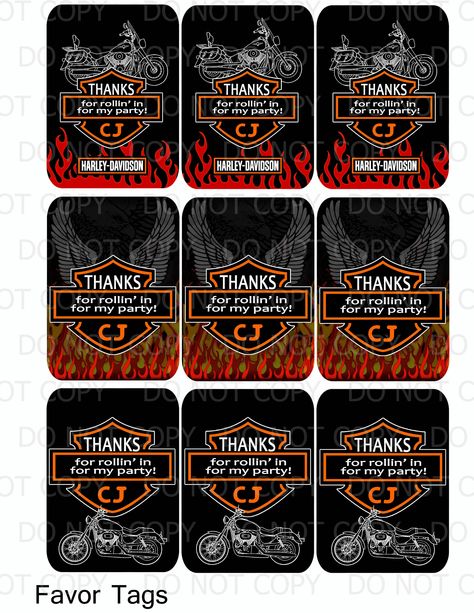 Harley Davidson Birthday Party Favor Tags Harley Davidson Birthday Party, Harley Davidson Party Theme, Harley Davidson Party, Harley Davidson Wall Art, Motorcycle Birthday Parties, Harley Davidson Decor, Dirt Bike Party, Harley Davidson Birthday, Motorcycle Party