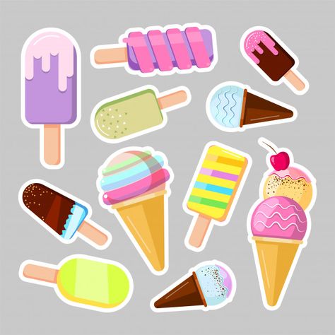 Ice cream stickers. cute cartoon vector ... | Premium Vector #Freepik #vector #food #birthday #baby #heart Ice Cream Stickers Free Printable, Ice Cream Cartoon, Halloween Ice Cream, Cupcake Pictures, Baby Heart, Ice Cream Cart, Ice Cream Theme, Food Birthday, Fish Vector