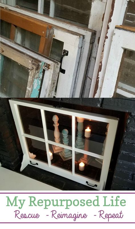 How to make a custom fireplace screen out of an old window. Easy project with step by step directions. This fireplace decor is for when you're not using your fireplace or if it is a non-working fireplace. #MyRepurposedLife #easy #window #project #fireplace Fireplace Screen Ideas Farmhouse, Fireplace Screen Diy, Fireplace Filler Ideas, Non Working Fireplace Ideas, Diy Fireplace Screen, Fireplace Cover Ideas, Diy Fireplace Cover, Fireplace Screen Ideas, Fireplace Covers