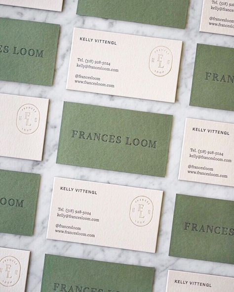 Marbury designed these business cards for Frances Loom, founded by Kelly Vittengl – a New York born, London based interior designer – who scours flea markets across the globe in search of extraordinary antique rugs. #businesscards #branding #typography #letterpress Frances Loom, Letterpress Business Card Design, Business Card Gallery, Interior Designer Business Card, Green Branding, Beautiful Business Card, Branding Typography, Letterpress Business Cards, Name Card Design