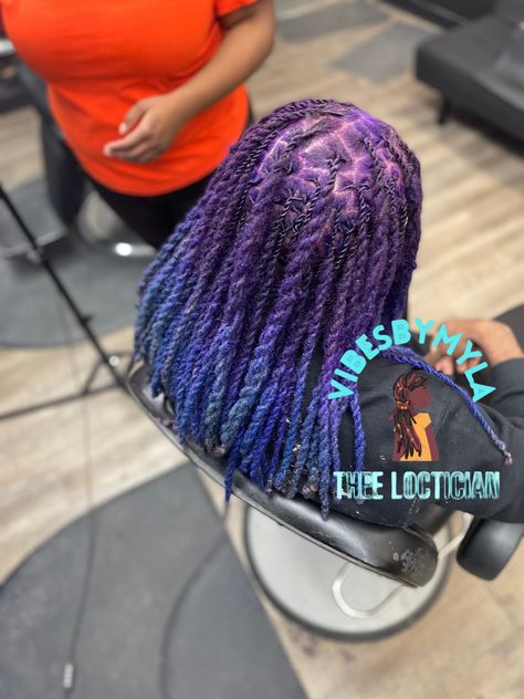 Blue Ombre Locs, Hair Color Ideas Purple And Blue, Locs With Purple Tips, Blue And Purple Locs Black Women, Purple Ombre Hair Color, Light Purple Locs, Blue And Purple Locs, Purple And Blue Hair Color Ideas, Ombré Locs