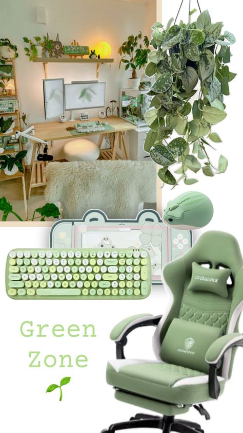 Green Aesthetic Gaming Setup Gamer Setup Aesthetic Green, Light Green Pc Setup, Cottage Gaming Setup, Plant Gaming Room, Mint Green Gaming Setup, Sage Green Office Aesthetic, Green And White Gaming Setup, Green Computer Setup, Sage Green Desk Setup