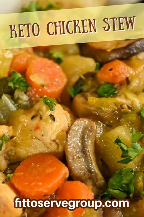 Close up image of keto chicken stew Low Carb Chicken Stew Crock Pot, Gluten Free Chicken Stew Crockpot, Paleo Chicken Stew Recipes, Chicken Stew Keto, Keto Chicken Stew Crockpot, Low Carb Stews And Soups, Low Carb Chicken And Veggie Recipes, Stews With Chicken, Low Carb Chicken Stew