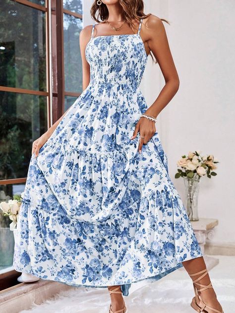 SHEIN VCAY Ladies' Vacation Style Floral Print Sundress With Spaghetti Straps | SHEIN USA Floral Print Sundress, 30 Birthday, Spaghetti Strap Dress, Casual Chic Outfit, Chic Outfit, Vacation Style, Women Long Dresses, Long Dresses, Spaghetti Strap Dresses