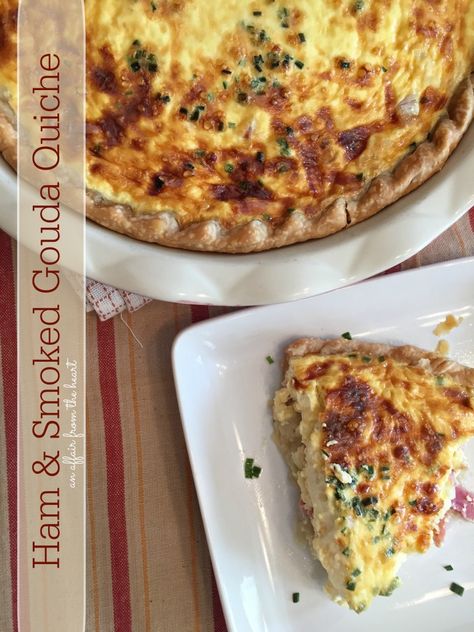 Flavors of smoked ham and smoked gouda cheese will entice your taste buds and make a wonderful addition to any brunch table! @michaelaaafth Gouda Quiche, Quiche Ham, Gouda Cheese Recipes, Ham Quiche, Meatless Mains, Brunch Foods, Smoked Gouda Cheese, Bacon Quiche, Brunch Table