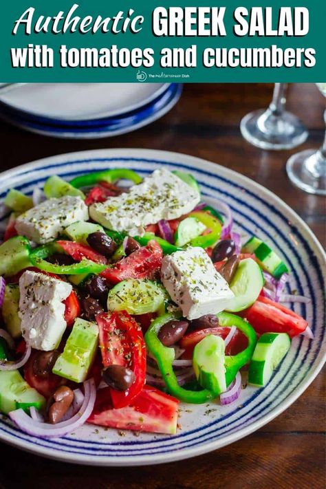 This easy traditional Greek salad is the REAL DEAL! Learn how to make it and serve it the Greek way with ripe tomatoes, cucumbers, bell peppers, onions, and feta. Greek Salad Recipe, Traditional Greek Salad, Greek Salad Dressing, The Mediterranean Dish, Salad Recipes Video, Greek Salad Recipes, Mediterranean Salad, Juicy Tomatoes, Mediterranean Dishes