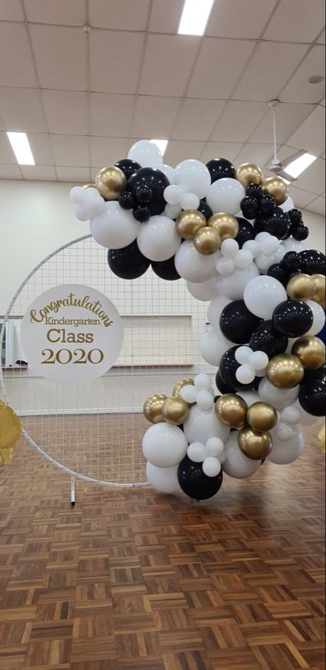 Gold Black White Balloon Garland, Circle Balloon Arch Graduation, College Balloon Arch, White And Gold Round Balloon Arch, Black And Gold Round Balloon Arch, Graduation Balloon Garland, Graduation Motivation, Daughter Graduation, Graduation Backdrop