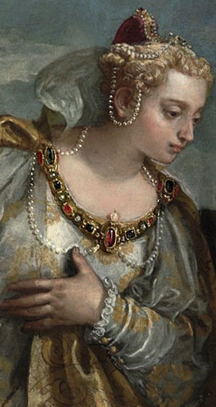 Paolo Veronese - Allegory of the City of Venice adoring the Madonna and Child, detail Painting Details, Historical Jewellery, Art Details, Lace Jewelry, Silk Lace, Detail Art, Historical Costume, Classical Art, Bellini