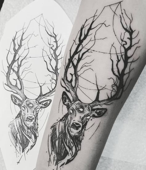 Dark Deer Tattoo, Deer Forearm Tattoo, Paganism Tattoo, Owlbear Tattoo, Leshy Tattoo, Dark Nature Tattoo, Wendigo Tattoo, Magic Concept, Frankenstein Tattoo