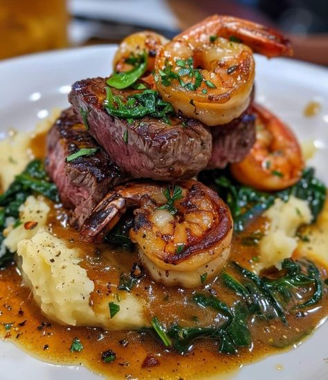 Steak Mashed Potatoes Dinners, Kale Sauce, Creamy Cajun Shrimp, Heavenly Recipes, Yukon Potatoes, Steak And Shrimp, Kabob Recipes, Seared Steak, Cajun Shrimp