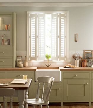 Kitchen Window Shutters, Kitchen Shutters, Composite Kitchen Sinks, Kitchen Sink Design, Interior Shutters, Green Kitchen Cabinets, London Kitchen, Room Bedding, Kitchen Window Treatments