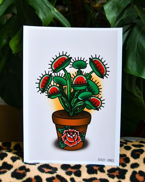 Flytrap Plant, Traditional Tattoo Prints, Venus Flytrap Plant, Traditional Tattoo Old School, Traditional Tattoo Inspiration, Plant Prints, Venus Flytrap, Clever Tattoos, Traditional Tattoo Sleeve