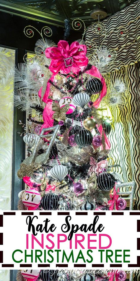 This Kate Spade inspired Christmas tree theme is AWESOME! I love the pink and gold ornaments. It will go perfectly with my Christmas decorations this year. Pink And Gold Ornaments, Black Christmas Tree Decorations, Kate Spade Christmas, Christmas Tree Colour Scheme, Christmas Tree Theme, Christmas Tree Decorations Ribbon, Black Christmas Tree, White Christmas Tree Decorations, Types Of Christmas Trees