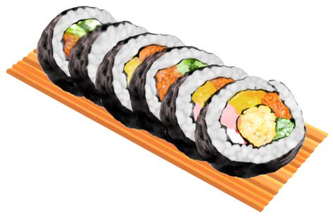 This is a basic kimbap consisting of eggs, seaweed, crab meat, ham, rice, pickled radish, and cucumber. Kimbap Illustration, Kimbap Drawing, Ham Rice, Texture Packaging, Cooking Drawing, Sushi Drawing, Sushi Logo, Pickled Radish, Korean Illustration