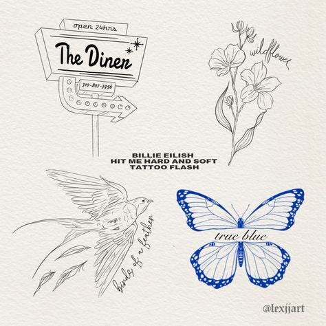 HIT ME HARD AND SOFT a closer look at the flash sheet - offering all for 180$ 🕊️ - #billieilish #billieeilishtattoo #tattoostyle #hitmehardandsoft #blue #instant #tiktok #foryou #insta #instapic #ootf Billie Eilish The Greatest Tattoo, Billie Eilish Hit Me Hard And Soft Tattoo Ideas, Billie Eilish Related Tattoos, Billie Eilish Themed Tattoos, Hit Me Hard And Soft Billie Eilish Tattoo, Billie Eilish Tatoos Idea, Wildflower Tattoo Billie Eilish, Hit Me Hard And Soft Tattoo, Hit Me Hard And Soft Nails