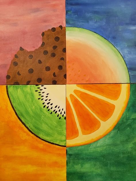 It's art Fruit Easy Painting, Fruit Painting Easy, Fruit Canvas Painting, Dragon Fruit Drawing, Kiwi Painting, Multi Canvas Painting, Fruit Collage, Canvas Art Painting Abstract, Circle Canvas