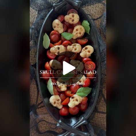 Skull Caprese Salad 💀🍅🍃 The easiest salad for your Halloween Partie... | Salad Recipes | TikTok Skull Caprese Salad, Halloween Caprese Salad, Ensalada Caprese, Recipes Tiktok, Basil Olive Oil, Cheese Mold, Skull Mold, Tomato And Cheese, Balsamic Glaze