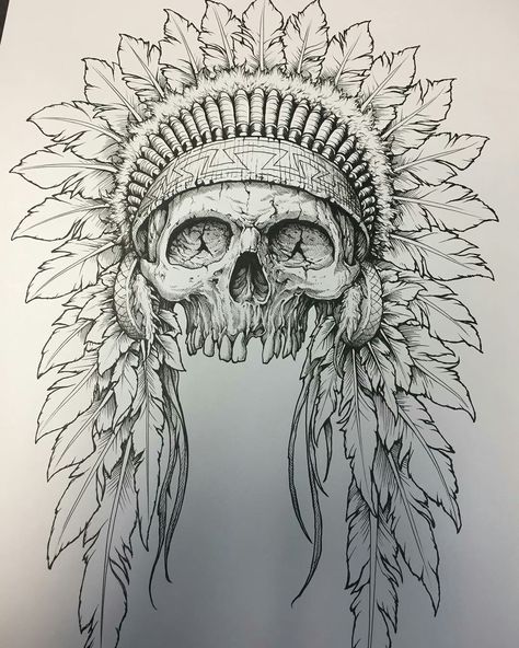 Native American Skeleton Tattoo, Native Skull Tattoo Design, Native American Chief Drawing, Mikmaq Tattoo, Native American Inspired Tattoos, Indian Skull Drawing, Indian Headdress Drawing, Skull And Headdress Tattoo, Native Skull Tattoo