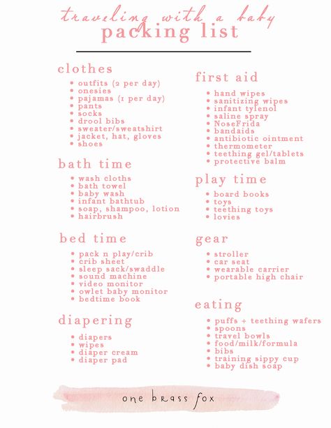 download this free packing list for traveling with a baby - tips for parents on family and infant travel by Leslie Musser // one brass fox Infant Road Trip Packing List, Infant Vacation Packing List, Travel Checklist For Baby, Travel List For Baby, Packing List For Infant Travel, Baby Road Trip Packing List, Newborn Packing List Travel, Baby Vacation Packing List, Travel With Baby Checklist